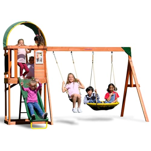 Wooden Swing Set with Slide, Saucer & Sling Swings for Kids 3-8