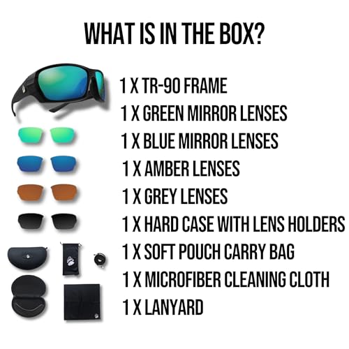 Grizzly Fishing Polarized Sunglasses Kit - 4 Lenses, TR-90 Frame, Eye Protection - Black/Green