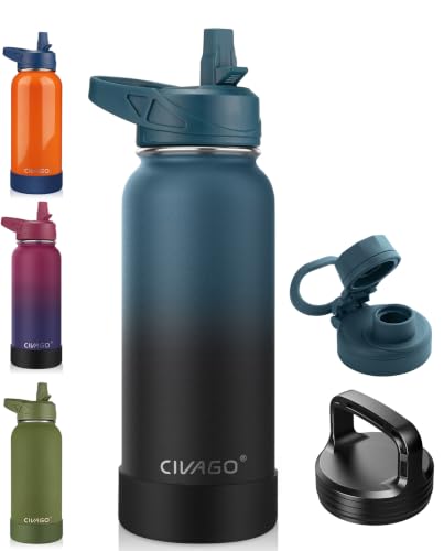 Insulated Stainless Steel Water Bottle with Straw & 3 Lids - Indigo Black 32oz