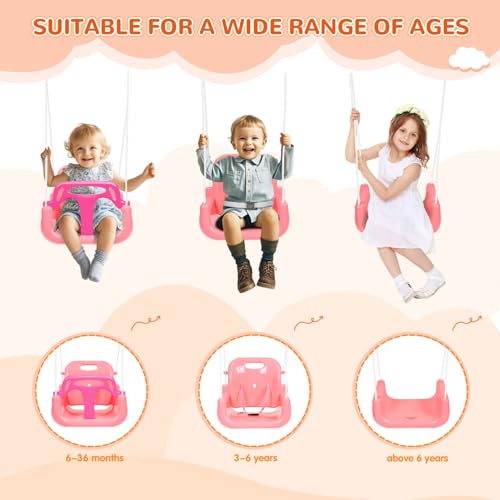 Pink 3-in-1 Toddler Swing Set for Indoor & Outdoor Use, Heavy Duty Baby Swing