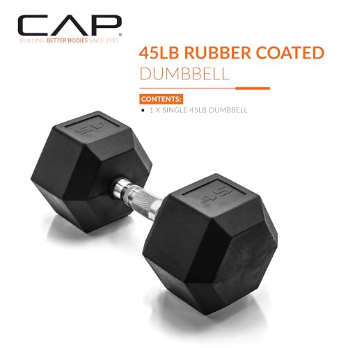 CAP Rubber Coated Hex Dumbbell - 45 lb Chrome Handle Anti-Roll Weights