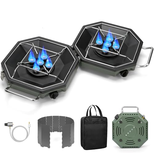 Portable 2-Burner Camping Stove with Windshield, 34000BTU Gas Burner, Foldable Outdoor Cooker