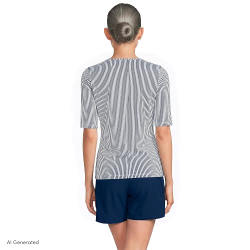 Women's Elbow Sleeve Rash Guard - Deep Sea Navy Mini Stripe, Large
