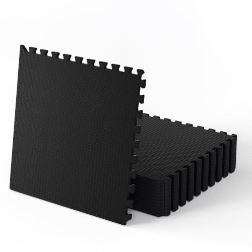 Black Stepwaver 0.56" Thick Rubber Gym Flooring Tiles - 48 Sq Ft Home Workout Mat