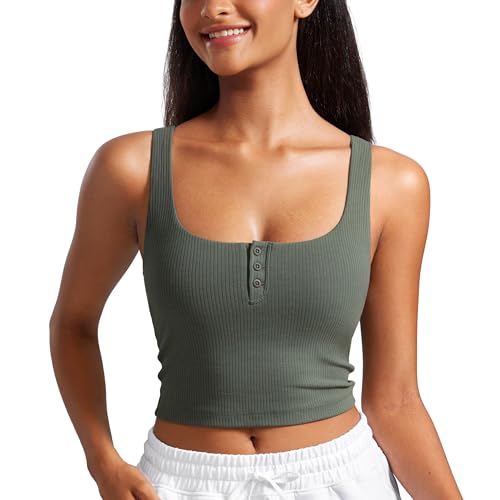 Medium Grey Sage Ribbed Henley Crop Top for Yoga & Workout