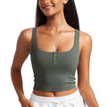Medium Grey Sage Ribbed Henley Crop Top for Yoga & Workout