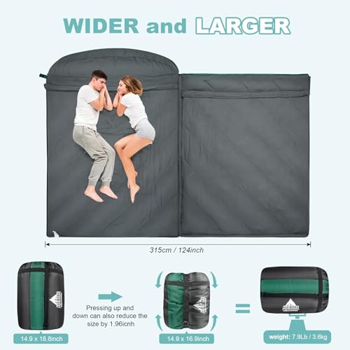 AGEMORE Lakes Double Sleeping Bag for Adults Queen Size 2 Person, 3-4 Season Camping