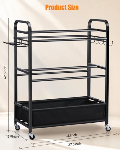 Large Black Ball Storage Rack with Wheels for Garage & Sports Equipment