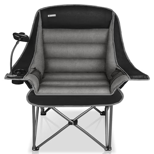 CAMPHILL Oversized Black Camping Chair for Adults, Heavy Duty 400Lbs Folding Lawn Seat with Padded Comfort, Phone & Cup Holders