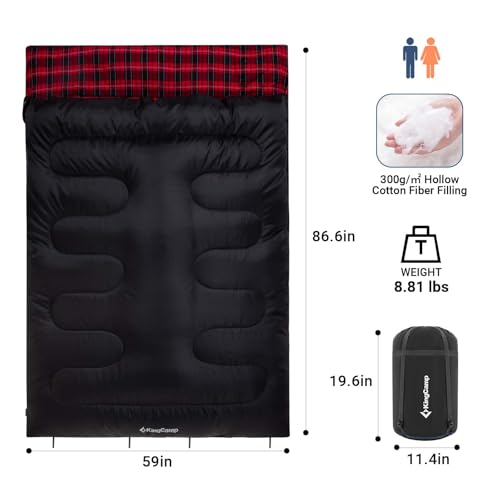 KingCamp Black Double Sleeping Bag for Adults, Queen Size 2 Person, Detachable for Couples or Solo Camping