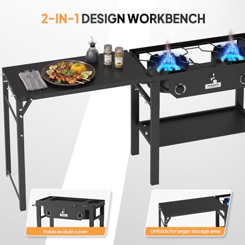 2 Burner Portable Propane Gas Stove with Foldable Workstation & Wheels - 150,000 BTU Outdoor Camping Cooking Equipment