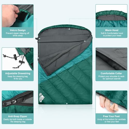 AGEMORE Lakes Double Sleeping Bag for Adults Queen Size 2 Person, 3-4 Season Camping
