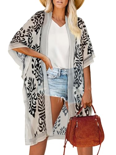 Women Kimono Beach Coverup Cardigan for Swimwear - Black White XL