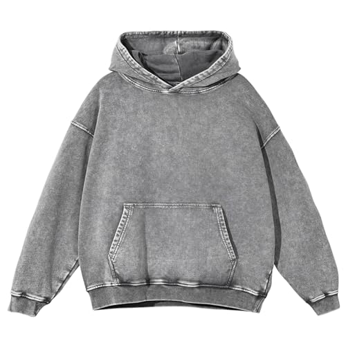 X-Large Mens Oversized Acid Wash Hoodie Cotton Pullover Streetwear Grey