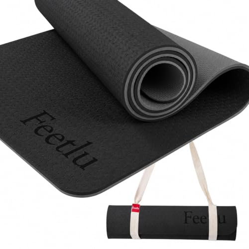 Feetlu Black & Gray Extra Thick 10mm Yoga Mat 72x24 Non-Slip with Carry Strap