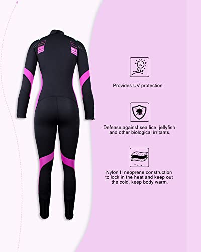 Seaskin 3mm Full Wetsuit for Men Women with Front Zip - Black & Fuchsia, Medium