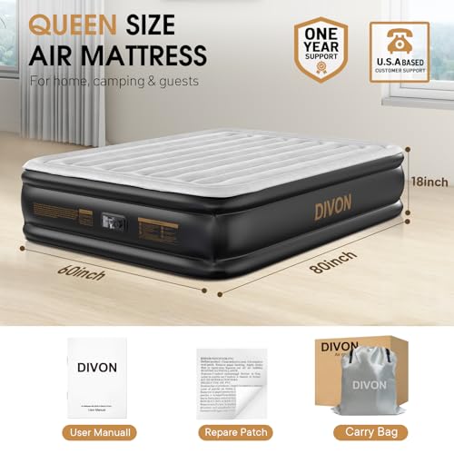 DIVON Queen Air Mattress with Built-in Pump, 18-Inch Raised, Grey for Guests & Camping
