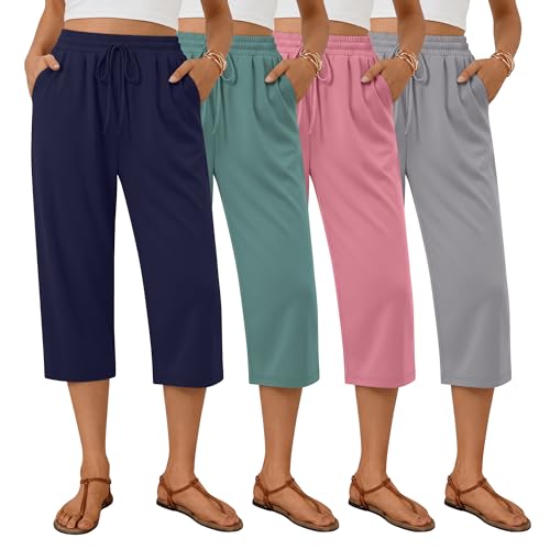 Neer Women's Capri Pants with Pockets - 4 Pack, Dark Blue, Gray Green, Pink, Gray, Large