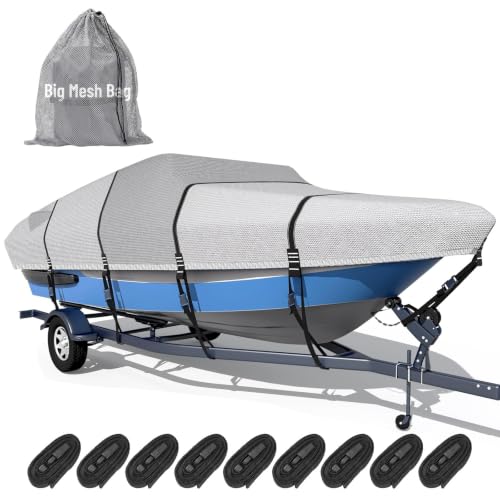 Tuszom Gray 14'-16' V-Hull Boat Cover with 2-Inch Reinforced Tie-Down Loops, Waterproof
