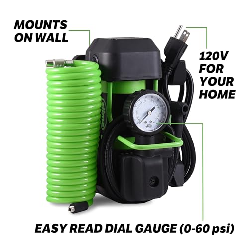Slime Pro Power Wall Mounted Tire Inflator 120V SUV & 4x4 Air Compressor with Analog 100 psi Gauge, Long Hose, LED Light