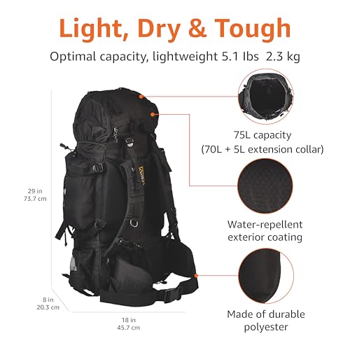 Amazon Basics 75L Internal Frame Hiking Backpack with Rainfly - Black