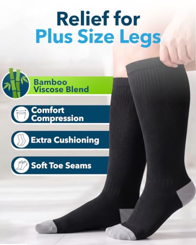 3 Pairs Plus Size Compression Socks Wide Calf Knee High Bamboo Viscose Circulation Support 3X-Large Black