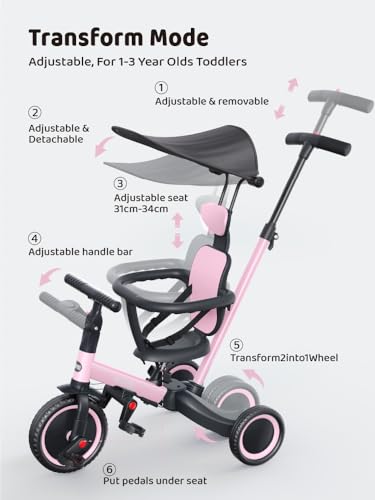 Pink 6-in-1 Toddler Tricycle Bike for 1-3 Years - Adjustable & Safe