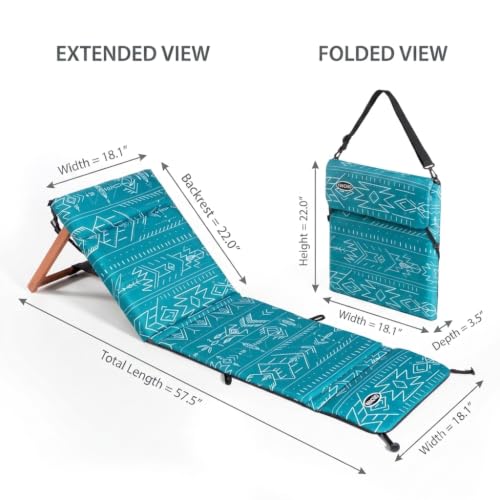 Wacho Blue Green Outdoor Folding Beach Chair with Reclining Wooden Backrest