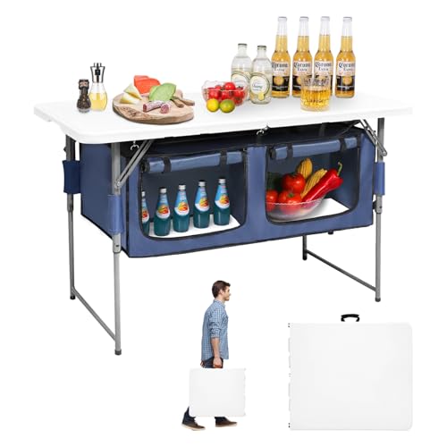 4ft Foldable Camping Table with Adjustable Height & Storage Organizer