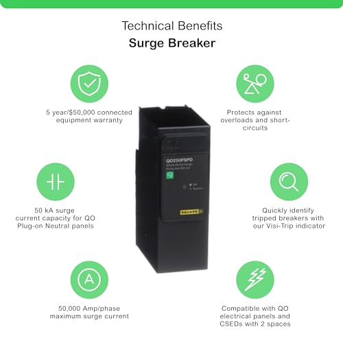 Black Surge Protection Device for Square D QO Load Centers - No Wiring, 50kA, 120/240V, Plug-On Neutral, Home Lighting Accessory