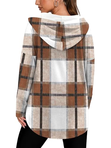 Oversized Hooded Sweatshirt for Women - Medium Plaid Brown Pullover