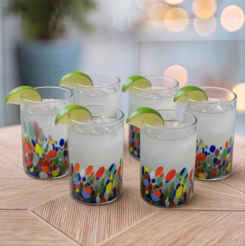 Set of 6 Hand Blown Drinking Glasses with Confetti Carmen Design - 14 oz