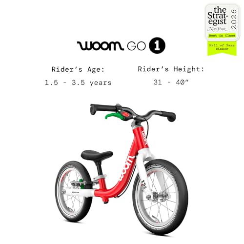 wOom Go 1+ 12-Inch Balance Bike for Toddlers, Red, Lightweight & Adjustable