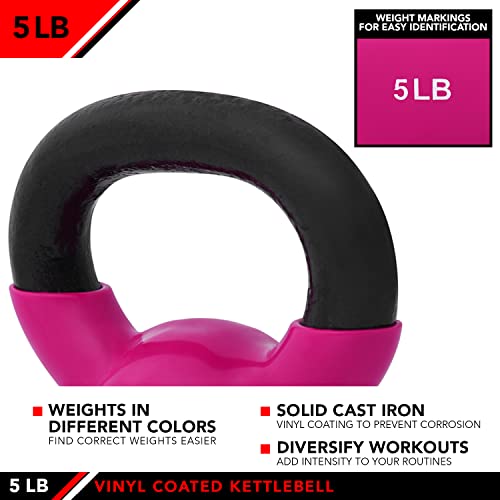 5lb Pink Vinyl Coated Cast Iron Kettlebell for Strength Training & CrossFit