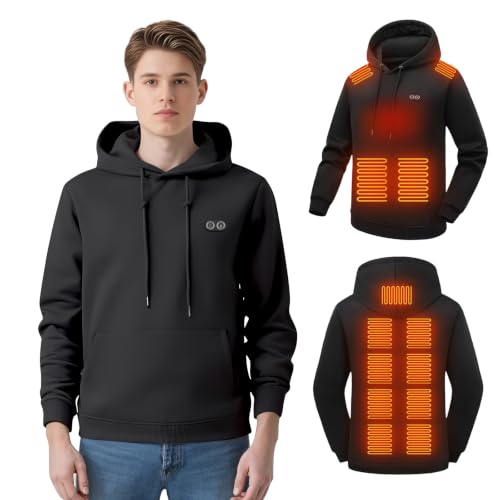Men's Large Black Heated Hoodie with Battery & 13 Heating Zones - Lightweight Electric Sweatshirt