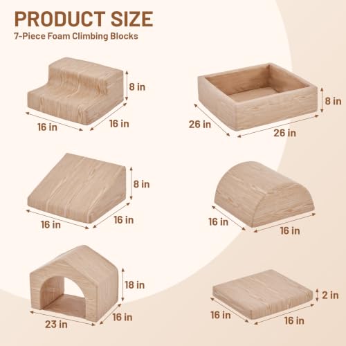 JungleDove Light Wood Montessori Foam Climbing Blocks Set for Toddlers, 7-Piece Indoor Play Gym