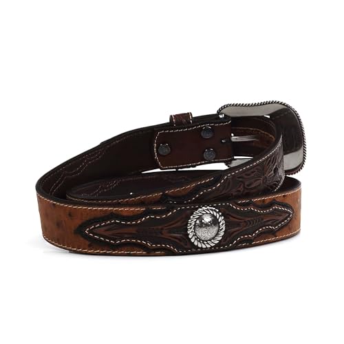 ARIAT Men's Faux Ostrich Leather Belt with Floral Emboss and Silver Conchos - Brown 32