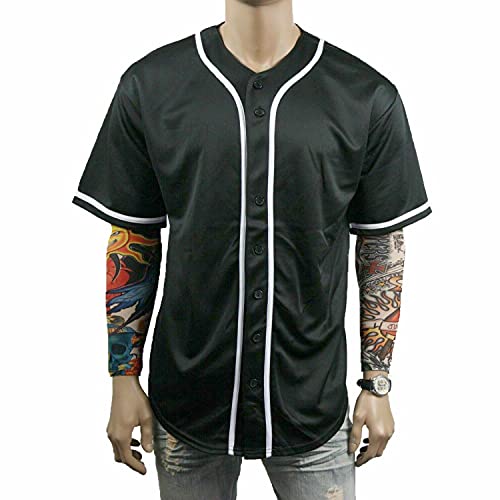 Men Women Baseball Jersey Full Button Short Sleeve Shirt Large Black Stripe Aqua Variation