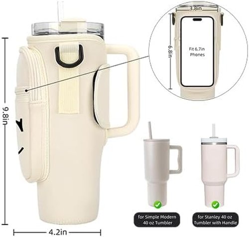 GOEWY Water Bottle Carrier Bag - Adjustable Neoprene Pouch for Stanley 40 oz Tumbler with Phone Pocket