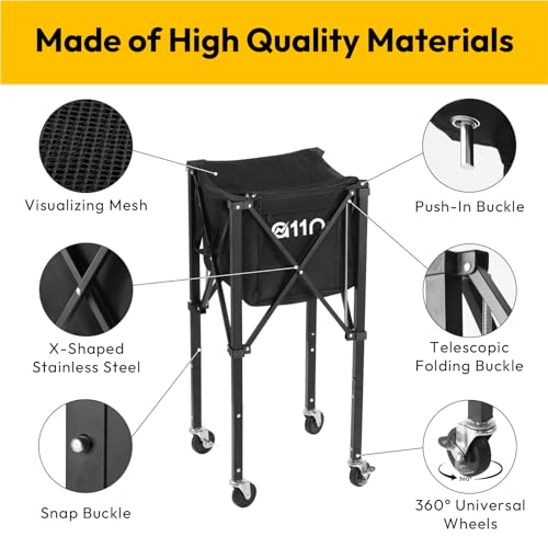 A11N Pickleball & Tennis Ball Hopper Cart with Wheels, Large Capacity, Storage Pockets