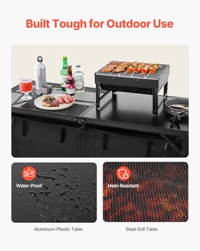 Camping Kitchen Table Black - Foldable Outdoor Cooking Station with Adjustable Heights