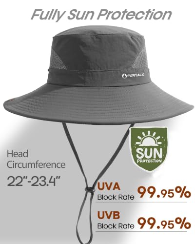 FURTALK Mens Bucket Sun Hat UPF Protection Wide Brim Breathable Fishing Hat - Dark Grey