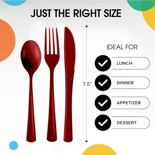 Burgundy Plastic Disposable Cutlery Set 150 Pcs - Forks Spoons Knives