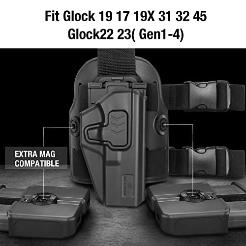 GLOCK Drop Leg Holster with Level II Retention for Glock 17/19/19X/22/23/31/32/45 - Right Hand, Tactical Thigh Platform