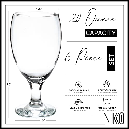 Vikko 6-Pack 20oz Classic Goblet Drinking Glasses - Dishwasher Safe