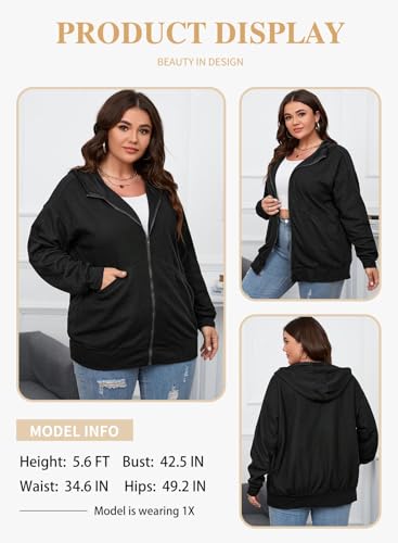 Eytino Plus Size Black Zip Up Hoodies for Women Oversized Waffle Knit Sweatshirt 3X