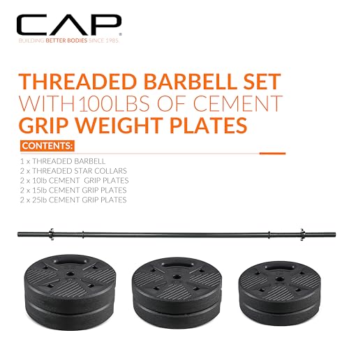 CAP 100 LB Threaded Barbell Set with Cement Grip Plates for Home Gym