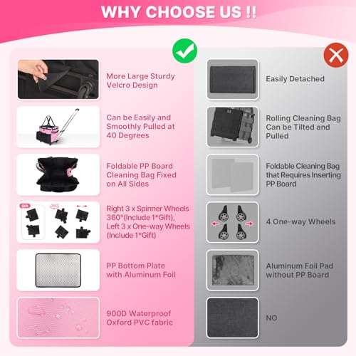 JKAOO Large Pink Rolling Cleaning Caddy Bag with Detachable Trolley - 16 x 11.8 x 13 inches