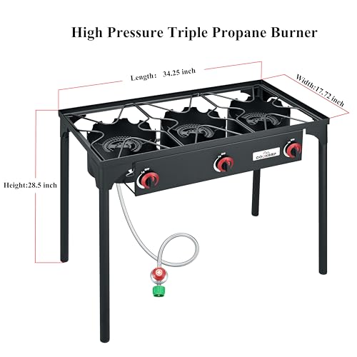 COOKAMP 3 Burner Propane Camping Stove - High Pressure Portable Outdoor Cooker with Regulator & Hose