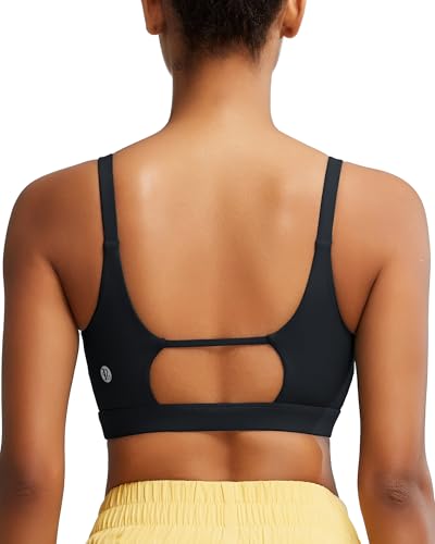 Running Girl Sports Bras for Women, Square Neck Strappy Medium Support Black Medium